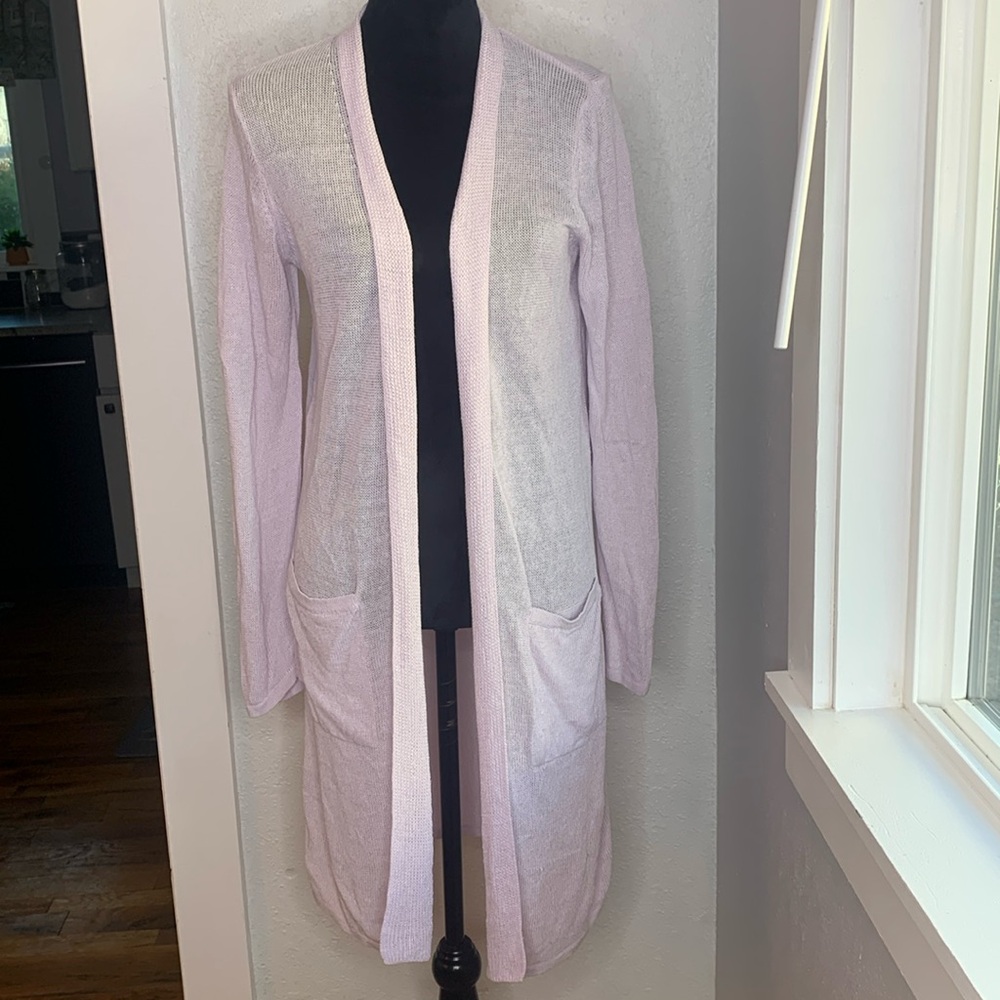 J.Jill Blush Pink Linen Blend Long Open-Front Duster Cardigan Pockets Size Med T